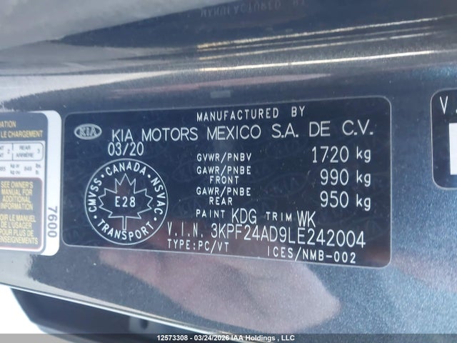 12573308 :رقم المزاد ، 3KPF24AD9LE242004 vin ، 2020 Kia Forte مزاد بيع