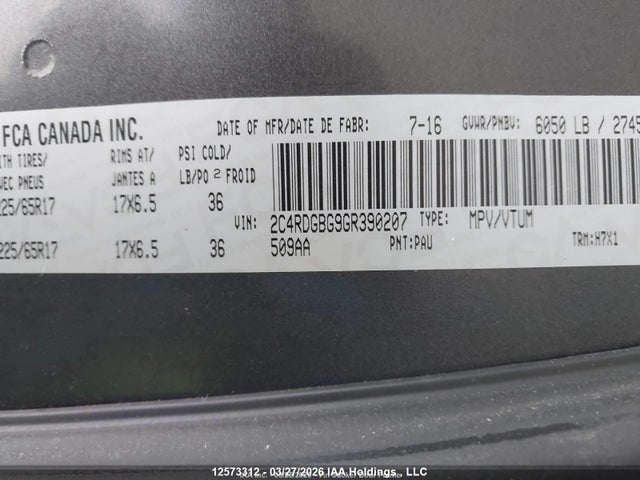 Aukcja sprzedaży 2016 Dodge Grand Caravan Se, vin: 2C4RDGBG9GR390207, numer aukcji: 12573312
