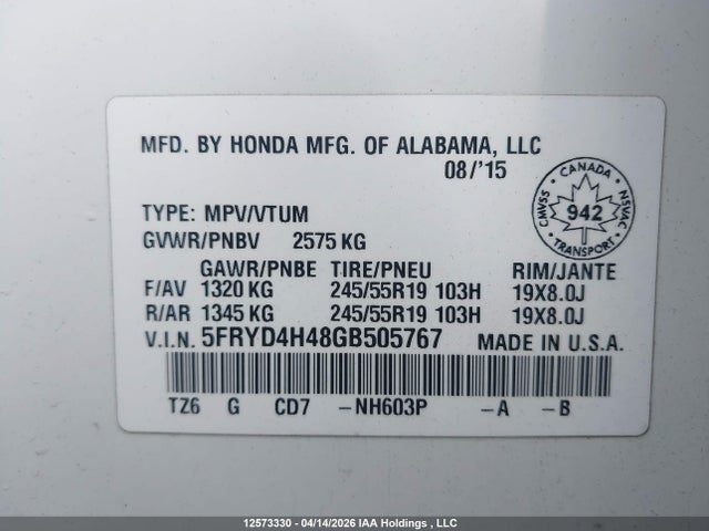 5FRYD4H48GB505767 Acura Mdx Technology