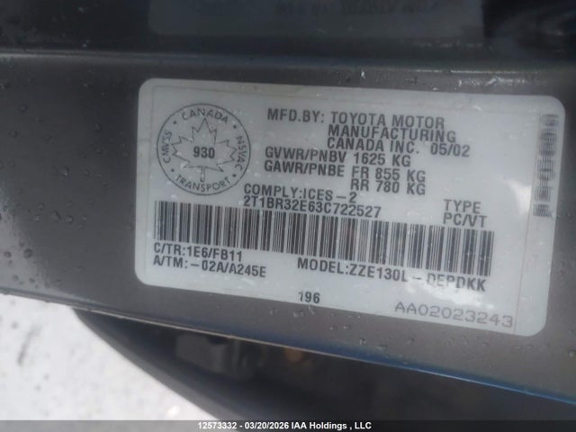 Aukcja sprzedaży 2003 Toyota Corolla Ce/le/sport, vin: 2T1BR32E63C722527, numer aukcji: 12573332