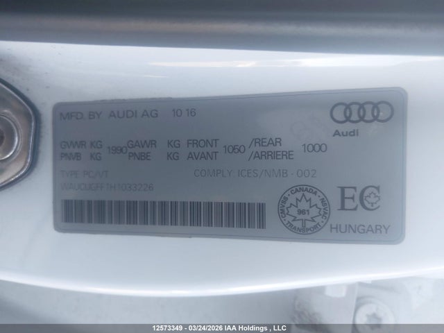 12573349 :رقم المزاد ، WAUCUGFF1H1033226 vin ، 2017 Audi A3 2.0t Progressiv مزاد بيع