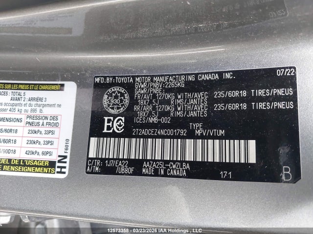 12573358 :رقم المزاد ، 2T2ADCEZ4NC001792 vin ، 2022 Lexus Nx 250 مزاد بيع