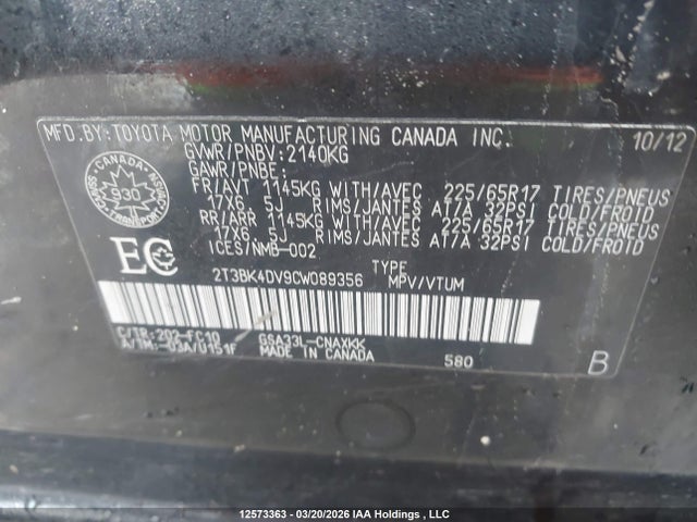 2012 Toyota Rav4 მანქანა იყიდება აუქციონზე, vin: 2T3BK4DV9CW089356, აუქციონის ნომერი: 12573363