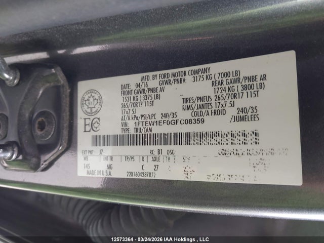 Продажа на аукционе авто 2016 Ford F150 Supercrew, vin: 1FTEW1EF0GFC08359, номер лота: 12573364
