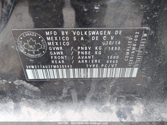 12573367 :رقم المزاد ، 3VW217AU2FM038543 vin ، 2015 Volkswagen Golf مزاد بيع