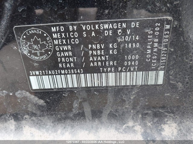 12573367 :رقم المزاد ، 3VW217AU2FM038543 vin ، 2015 Volkswagen Golf مزاد بيع