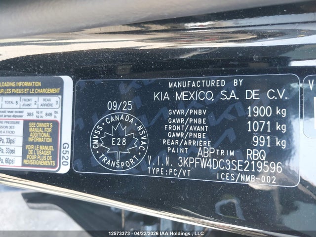 12573373 :رقم المزاد ، 3KPFW4DC3SE219596 vin ، 2025 Kia K4 Gt-line Turbo/gt-line Turbo Limited مزاد بيع