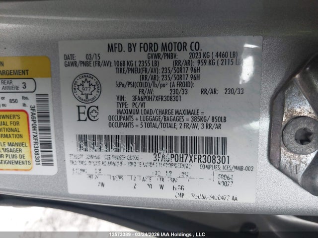 12573389 :رقم المزاد ، 3FA6P0H7XFR308301 vin ، 2015 Ford Fusion مزاد بيع