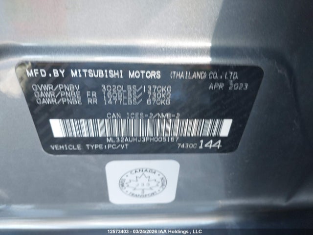 12573403 :رقم المزاد ، ML32AUHJ3PH005167 vin ، 2023 Mitsubishi Mirage Es/se مزاد بيع