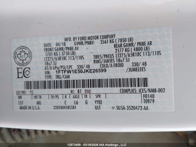 1FTFW1E50JKE26599 Ford F150 Supercrew