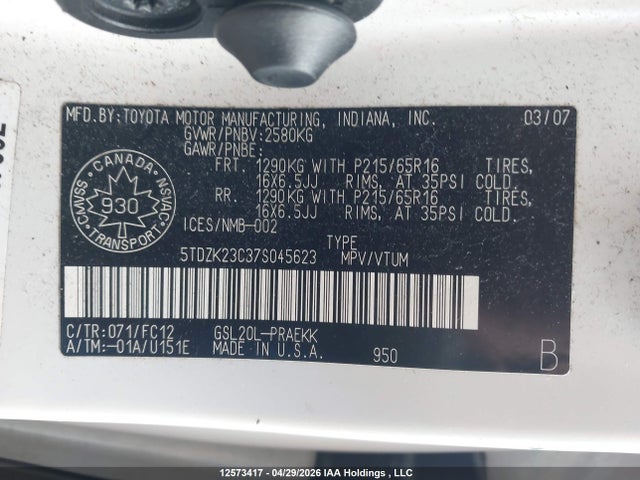 2007 Toyota Sienna Le V6 მანქანა იყიდება აუქციონზე, vin: 5TDZK23C37S045623, აუქციონის ნომერი: 12573417