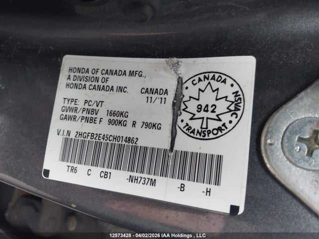 2012 Honda Civic Lx მანქანა იყიდება აუქციონზე, vin: 2HGFB2E45CH014862, აუქციონის ნომერი: 12573428