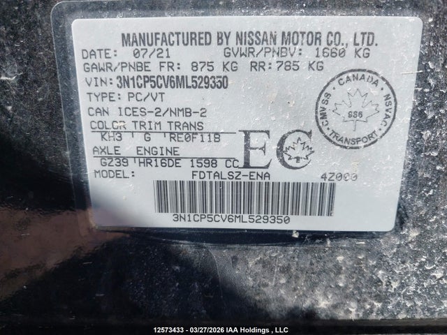 3N1CP5CV6ML529350 Nissan KICKS SV
