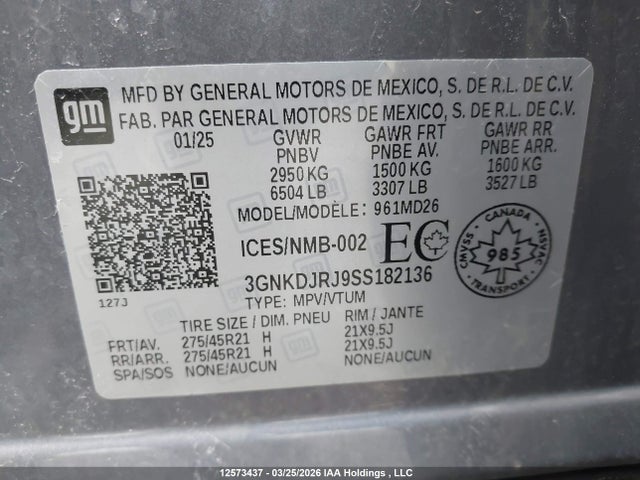 12573437 :رقم المزاد ، 3GNKDJRJ9SS182136 vin ، 2025 Chevrolet Blazer Ev Rs Awd مزاد بيع