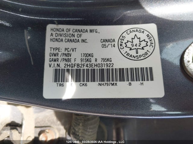 Продаж на аукціоні авто 2014 Honda Civic Lx, vin: 2HGFB2F43EH031922, номер лоту: 12573440