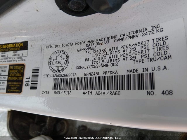 12573450 :رقم المزاد ، 5TELU42N09Z663373 vin ، 2009 Toyota Tacoma مزاد بيع