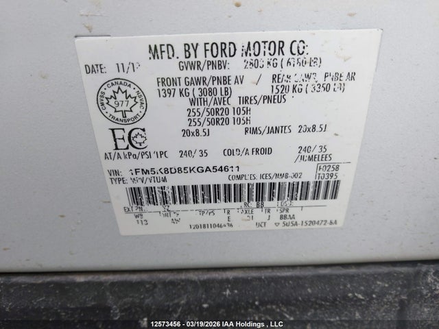 1FM5K8D85KGA54611 Ford EXPLORER XLT