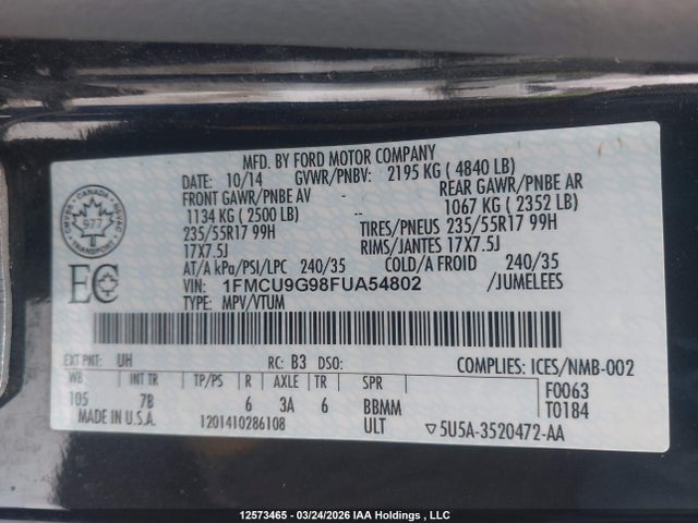 Продаж на аукціоні авто 2015 Ford Escape Se, vin: 1FMCU9G98FUA54802, номер лоту: 12573465