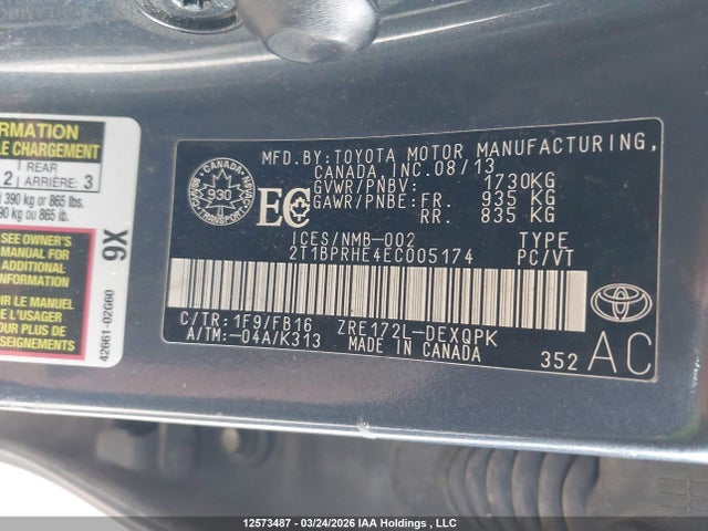 2014 Toyota Corolla Le Eco/le Eco Upgrade მანქანა იყიდება აუქციონზე, vin: 2T1BPRHE4EC005174, აუქციონის ნომერი: 12573487