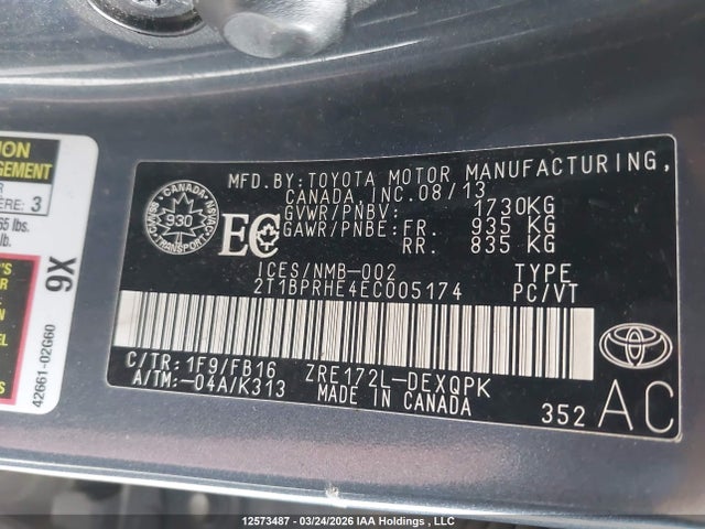 2014 Toyota Corolla Le Eco/le Eco Upgrade მანქანა იყიდება აუქციონზე, vin: 2T1BPRHE4EC005174, აუქციონის ნომერი: 12573487