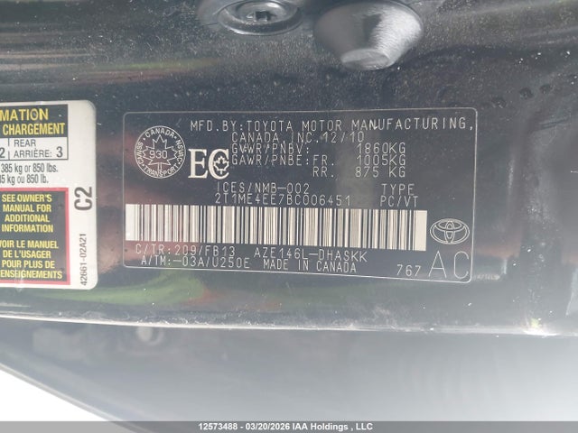 12573488 :رقم المزاد ، 2T1ME4EE7BC006451 vin ، 2011 Toyota Matrix Xrs مزاد بيع