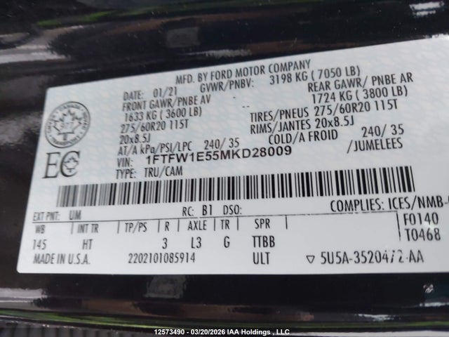 2021 Ford F150 Supercrew მანქანა იყიდება აუქციონზე, vin: 1FTFW1E55MKD28009, აუქციონის ნომერი: 12573490