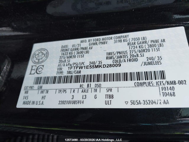 2021 Ford F150 Supercrew მანქანა იყიდება აუქციონზე, vin: 1FTFW1E55MKD28009, აუქციონის ნომერი: 12573490