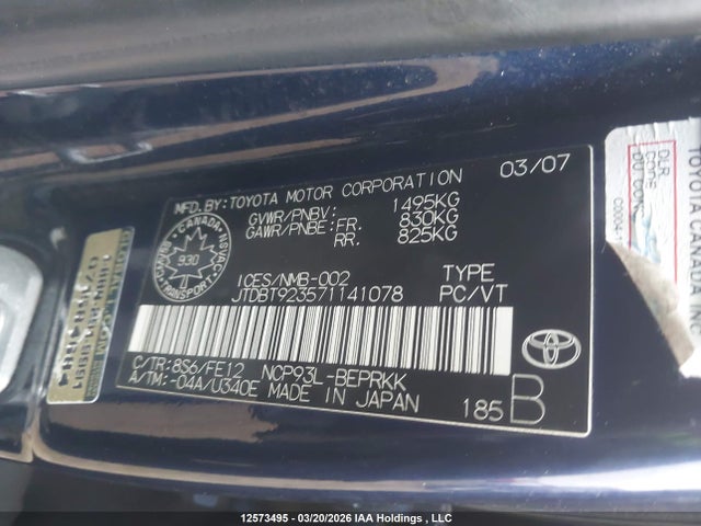 2007 Toyota Yaris მანქანა იყიდება აუქციონზე, vin: JTDBT923571141078, აუქციონის ნომერი: 12573495