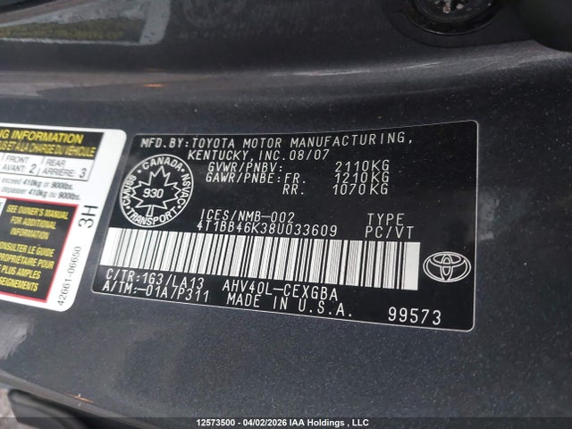 12573500 :رقم المزاد ، 4T1BB46K38U033609 vin ، 2008 Toyota Camry مزاد بيع