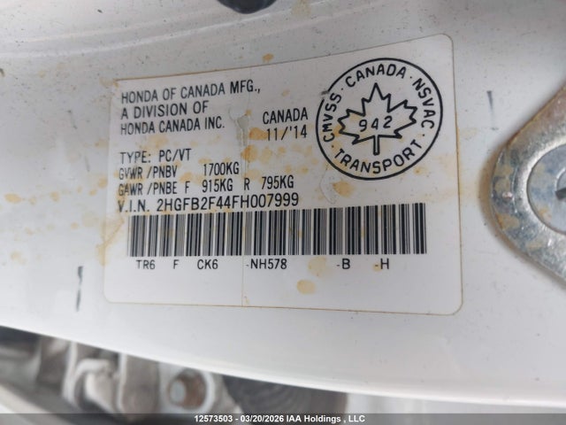 12573503 :رقم المزاد ، 2HGFB2F44FH007999 vin ، 2015 Honda Civic مزاد بيع