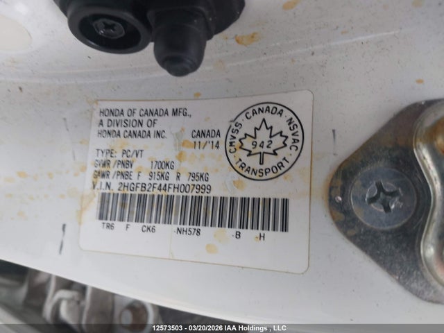 12573503 :رقم المزاد ، 2HGFB2F44FH007999 vin ، 2015 Honda Civic مزاد بيع