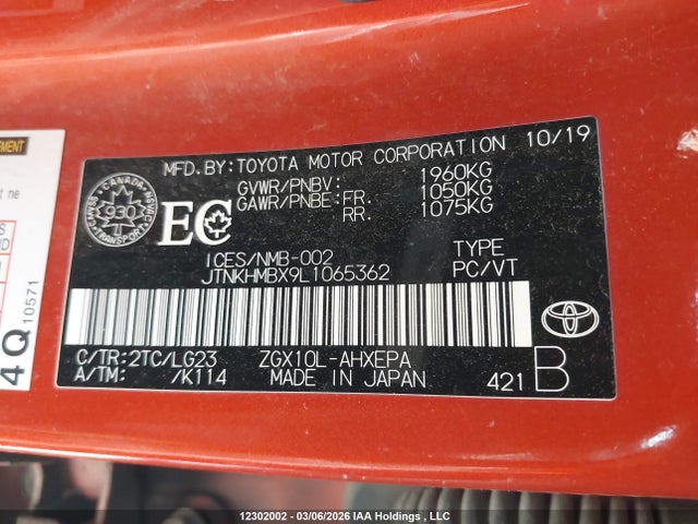 12302002 :رقم المزاد ، JTNKHMBX9L1065362 vin ، 2020 Toyota C-hr Limited مزاد بيع
