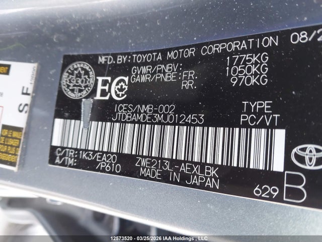 12573520 :رقم المزاد ، JTDBAMDE3MJ012453 vin ، 2021 Toyota Corolla Hybrid Base W/li Battery مزاد بيع