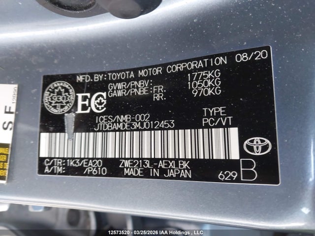 12573520 :رقم المزاد ، JTDBAMDE3MJ012453 vin ، 2021 Toyota Corolla Hybrid Base W/li Battery مزاد بيع