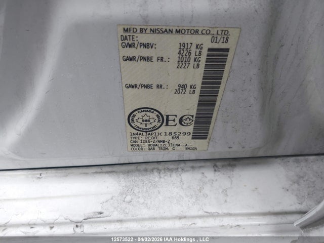 Aukcja sprzedaży 2018 Nissan Altima 2.5 S/2.5 Sl Tech/2.5 Sv, vin: 1N4AL3AP1JC185299, numer aukcji: 12573522