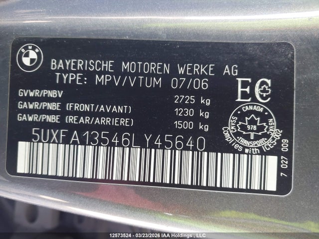 Aukcja sprzedaży 2006 Bmw X5 3.0i, vin: 5UXFA13546LY45640, numer aukcji: 12573524
