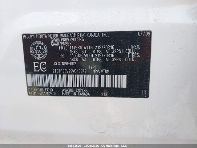 Aukcja sprzedaży 2009 Toyota Rav4, vin: 2T3ZF33V29W013372, numer aukcji: 12573526
