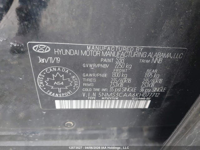5NMS3CAA6KH077712 Hyundai Santa Fe Luxury
