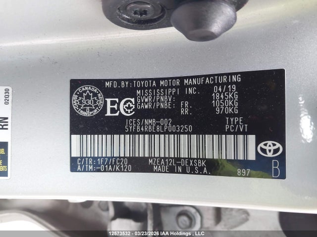 2020 Toyota Corolla Se/xse მანქანა იყიდება აუქციონზე, vin: 5YFB4RBE8LP003250, აუქციონის ნომერი: 12573532