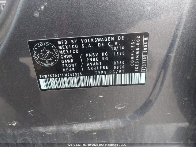 3VW1K7AJ1FM243995 Volkswagen JETTA S