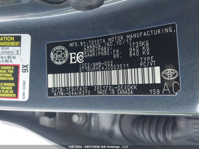 2T1BURHE4JC003511 Toyota COROLLA CE