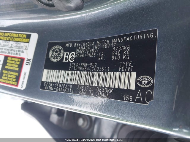 2T1BURHE4JC003511 Toyota COROLLA CE