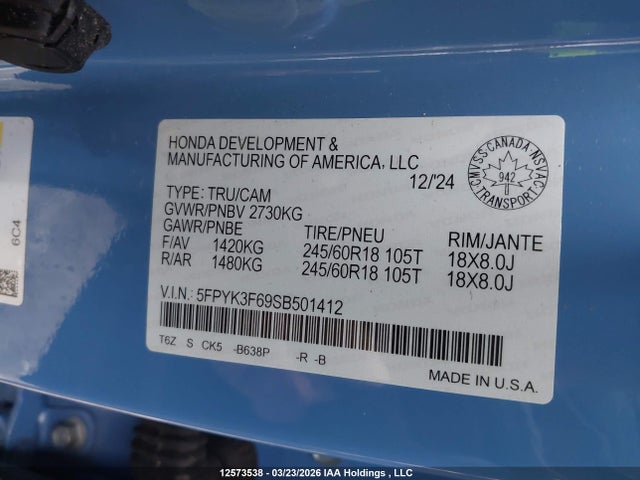 Aukcja sprzedaży 2025 Honda Ridgeline Trailsport, vin: 5FPYK3F69SB501412, numer aukcji: 12573538