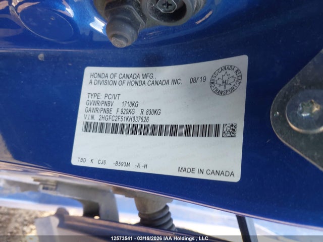 Продаж на аукціоні авто 2019 Honda Civic Lx, vin: 2HGFC2F51KH037526, номер лоту: 12573541