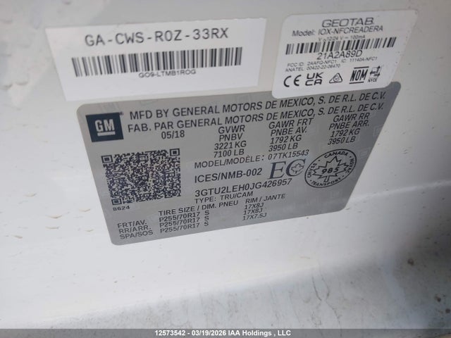 3GTU2LEH0JG426957 GMC Sierra K1500