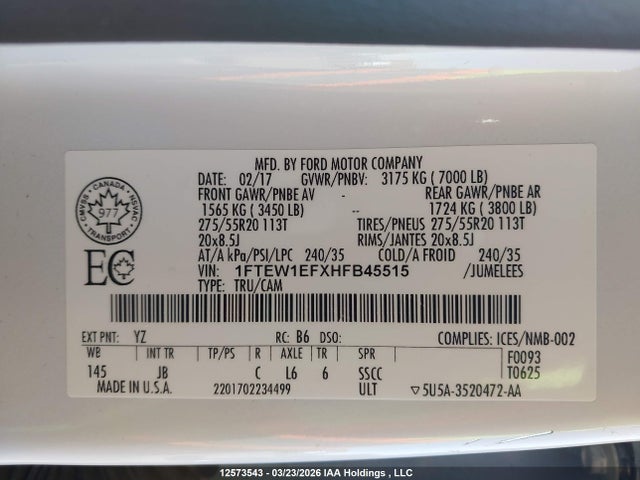 12573543 :رقم المزاد ، 1FTEW1EFXHFB45515 vin ، 2017 Ford F-150 Xlt مزاد بيع