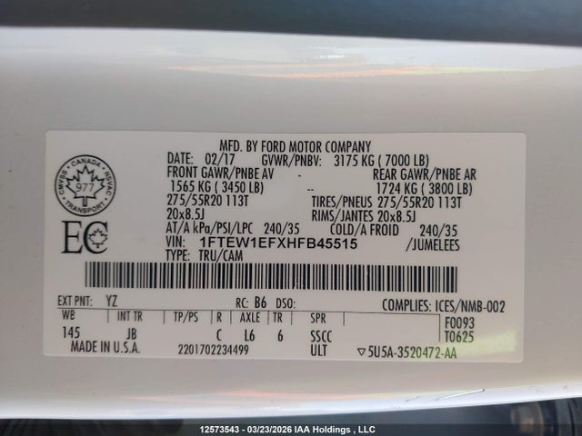 12573543 :رقم المزاد ، 1FTEW1EFXHFB45515 vin ، 2017 Ford F-150 Xlt مزاد بيع