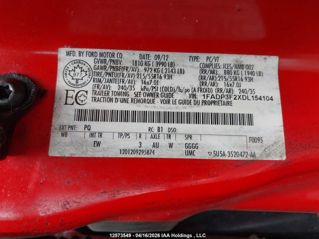 12573549 :رقم المزاد ، 1FADP3F2XDL154104 vin ، 2013 Ford Focus Se مزاد بيع