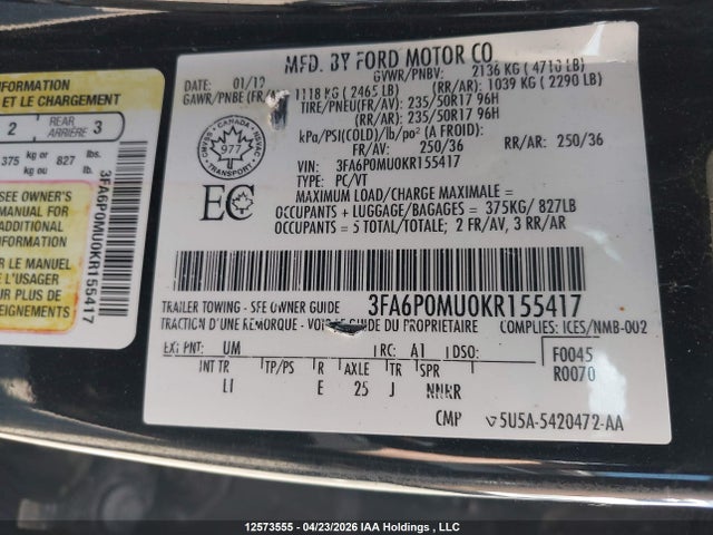 Продажа на аукционе авто 2019 Ford Fusion Sel, vin: 3FA6P0MU0KR155417, номер лота: 12573555