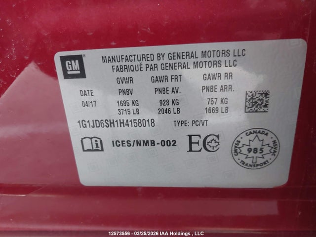 Aukcja sprzedaży 2017 Chevrolet Sonic Lt Auto, vin: 1G1JD6SH1H4158018, numer aukcji: 12573556